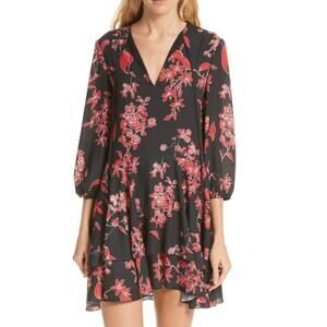 Alice + Olivia Moore Dress Floral Balloon Sleeve V-Neck Ruffle Tiered, Black Red